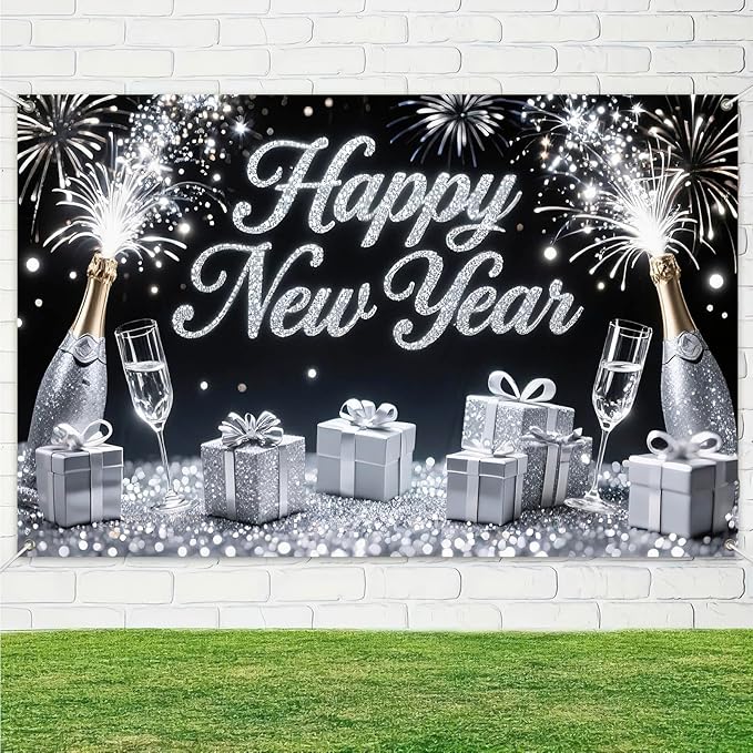 Happy New Year Banner 71x43 Inch Silver Champagne Party Wall Decoration Fireworks Photo Backdrop for Indoor Countdown Celebration Holiday Event and Home Background Display
