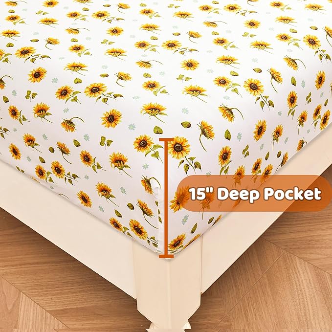 Softan Floral Twin Size Sheet Set, Sunflower Printed Bed Sheets for Kids Girls, 3-Piece Microfiber Fitted Sheet with 15" Deep Pocket & Non-Slip Straps, Patterned Bedding Sheets & Pillowcase Set