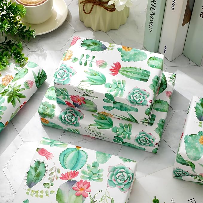 JarThenaAMCS Cactus Wrapping Paper -Mini Roll- 17 Inch x 32.8Ft Watercolor Succulent Plant Gift Wrap Paper Decorative Art Paper for Birthday Wedding DIY Crafts