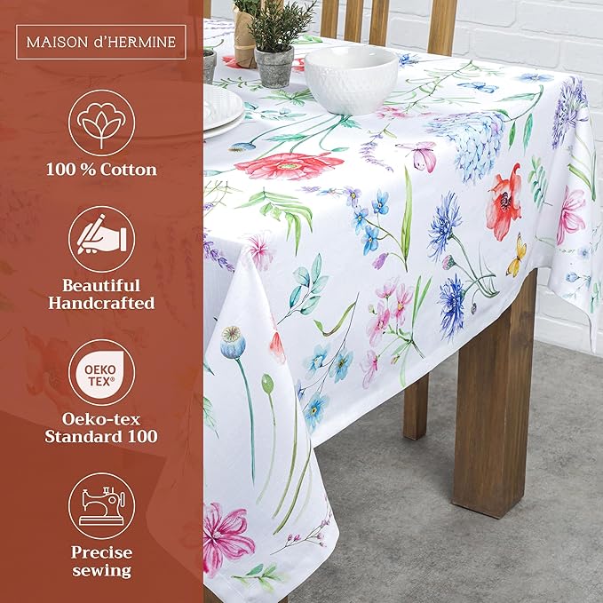 Maison d' Hermine Table Cloth Rectangle Table 100% Cotton 70 x 108 Inches Tablecloth Reusable Decorative for Dining Room, Farmhouse, Home, Party, Festive & Wedding Spring Summer - Just Floral