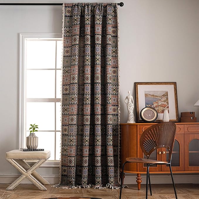 ENJOYBRIDAL Patchwork 63 Inch Curtains for Bedroom Living Room Drapes Jacquard Bohemian Semi Sheer Short Window Curtains 2 Panel Sets Vintage Geometric Black Rod Pocket Boho Window Treatments