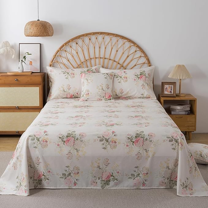 FADFAY 100% Cotton Twin Bed Sheet Set, 4 Piece Pink Rose Floral Printed Bedding, Soft Breathable Cooling Sheets with Deep Pocket Fitted Sheet, Flat Sheet & Pillowcases, Vintage Farmhouse All Season