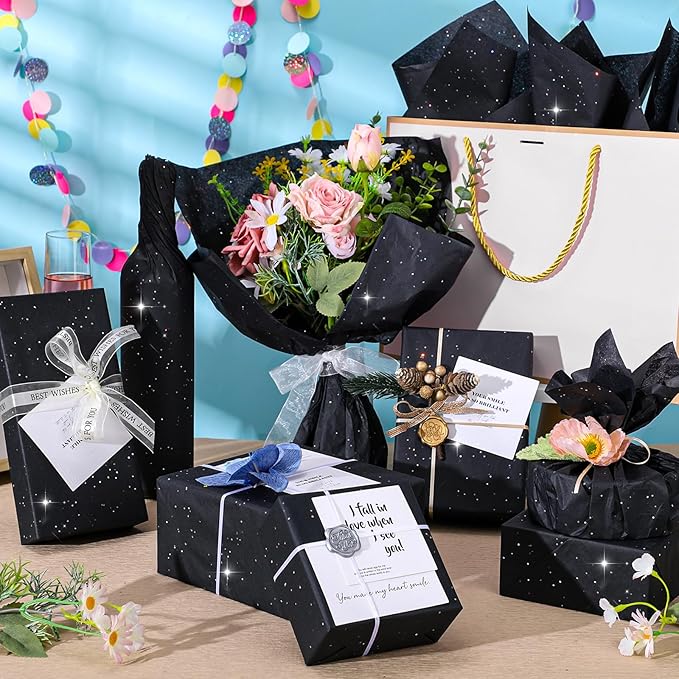 woric 135 Sheets Black Tissue Paper for Gift Bags 20 x 14 Inch Glitter Tissue Paper Bulk with Sparkle for Gift Wrap Crafts DIY Project Birthday Christmas Decor