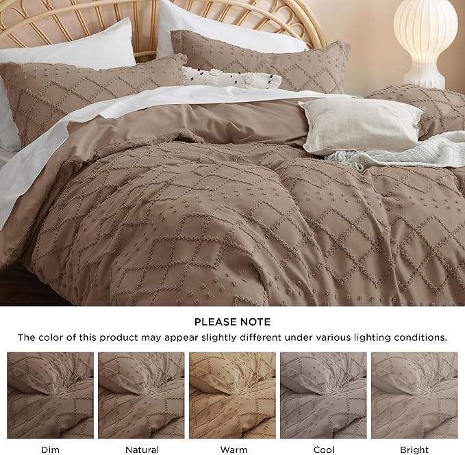 Bedsure Boho Duvet Cover Queen Size - Deep Khaki Breathable & Soft Boho Bedding, Machine Washable Comforter Cover for All Seasons, Includes 1 Duvet Cover 90"x90" with 2 Pillow Shams & Zipper Closure