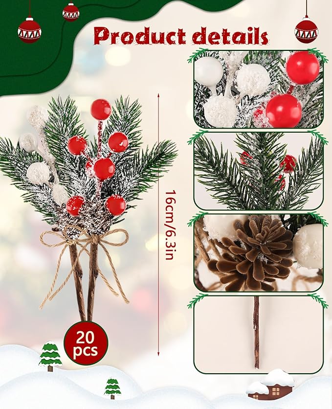 20 Pack 8inch Artificial Christmas Floral Picks, Red and White Fake Berry Picks Stems, Pine Branches Pick, Faux Floral Pick with Pinecones Holly Leaves for Vase Floral Arrangement Wreath Decor Crafts