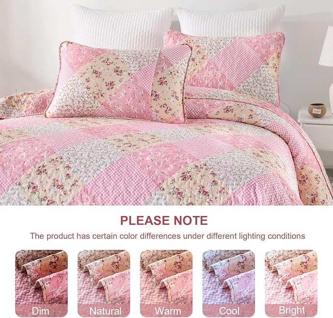 Dinjoy Pink Quilt Set Queen Size, Reversible Floral Plaid Patchwork Pattern Bedding Set Soft Microfiber Lightweight Bedspread Coverlet 3 Piece Spring Summer Use (90x96 inches)