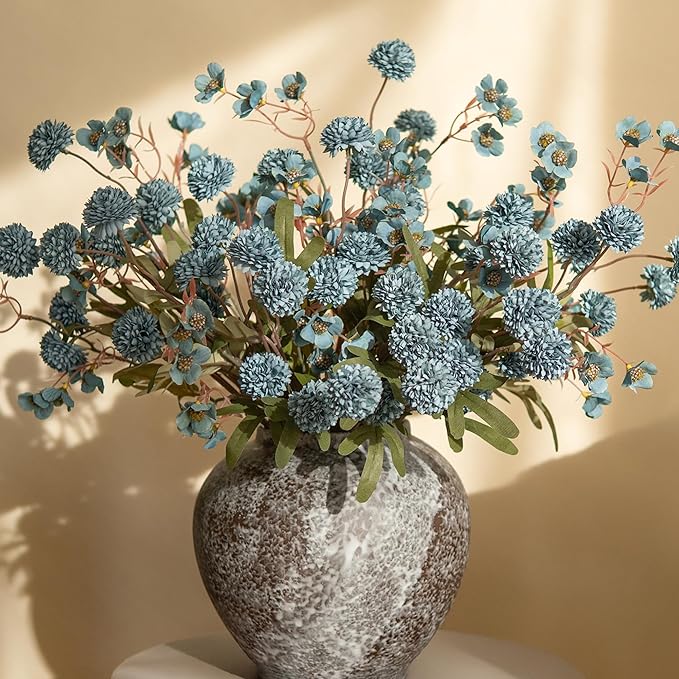 HyeFlora Fake Kiku Flowers,Faux Silk Pompon Mums 40heads Artificial Flowers,Chrysanthemum Stems Floral Arrangement Dried Flowers Vintage Decorative Indoor Home Vase Decor Blue with Wax
