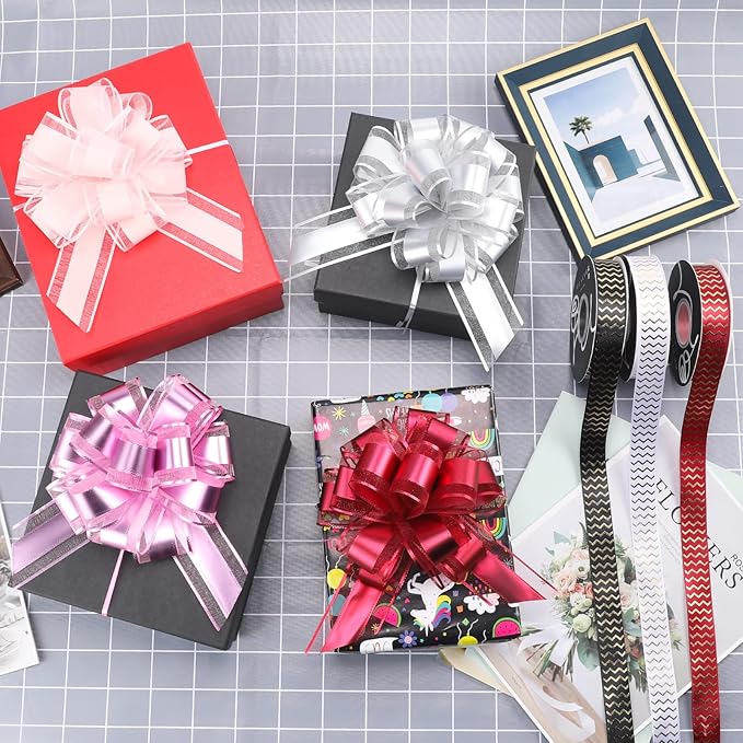 12 Pieces Pull Bow Wrapping Pull Bow Ribbon Pull Bows for Wedding Baskets,6 Inches Diameter Gift Bows, Large Bows for Presents. (Dark Pink)