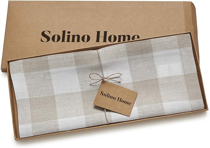 Solino Home Linen Checkered Table Runner 144 Inches Long - 100% Pure Linen Buffalo Check Natural and White Table Runner 14 x 144 Inch Ideal for Dining, Spring, Easter, Winter