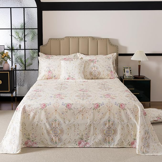 FADFAY 100% Cotton Pink Rose Floral 4-Piece Twin XL Bed Sheet Set, Soft Breathable Cooling Sheets with Deep Pocket Fitted Sheet, Flat Sheet & Pillowcases, All Season Romantic Vintage Bedding