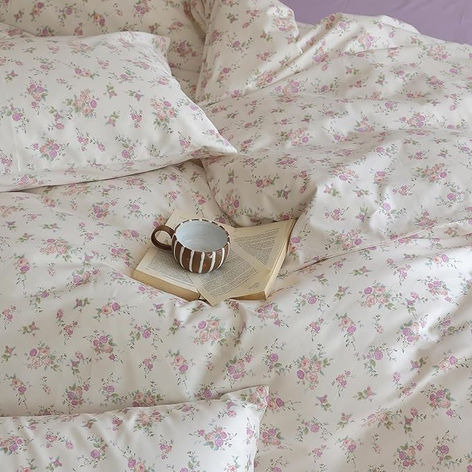 EAVD Vintage Style Botanical Floral Duvet Cover Queen White Soft Cotton Chic Shabby Garden Pink Purple Floral Bedding Set with 2 Pillowcases Reversible Botanical Duvet Cover with Zipper Closure