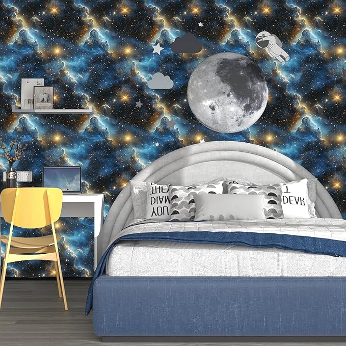 Starry Night Sky Wallpaper Peel and Stick 17.4" x 394" Dark Blue Galaxy Contact Paper Modern Space Wallpaper for Bedroom Cabinet Bathroom Home Decor