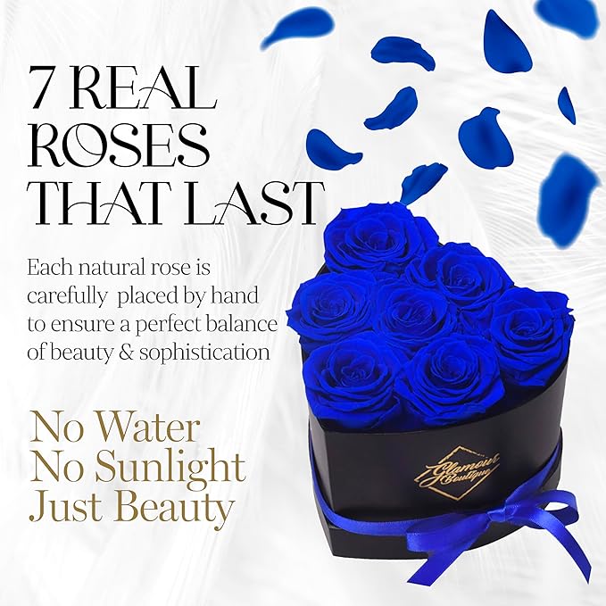 GLAMOUR BOUTIQUE 7 Flower Forever Heart Shape Box - Preserved Roses Gift for Her, Preserved Flowers, Blue