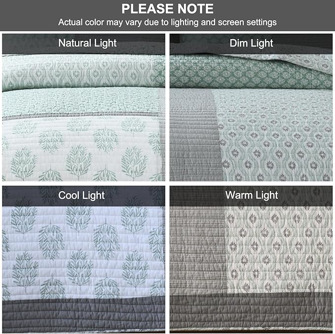 PANGUSHAN Quilt Set King Size, 100% Cotton Bedspread Quilt Bedding Set, Patchwork Reversible Floral Quilt for King Bed, Green/Grey/White Bed Spread, Lightweight Comforter for All Season, 3 Pieces