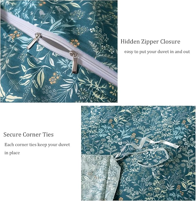 EAVD Botanical Floral Duvet Cover King Soft 100% Cotton Floral Blue Duvet Cover Set Chic Shabby Floral Bedding Set Garden Style Blue Floral Comforter Cover with Zipper Closure 4 Ties