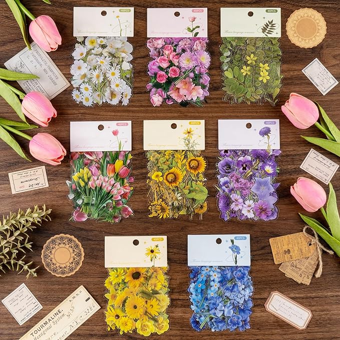 320Pcs Flower Stickers, Cute Vintage Floral Sticker for Kids, Clear Wildflower Stickers for Water Bottles, Scrapbooking, Card Making, Crafts, Laptop