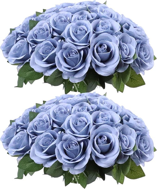 52pcs Dusty Blue Roses Artificial Flowers Fake Flowers Silk Roses with Stems for DIY Wedding Bouquets Bridal Shower Centerpieces Arrangements Party Decorations