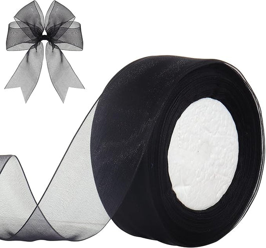 1-1/2 Inch x 50 Yards Sheer Organza Ribbon Chiffon Ribbon for Gift Wedding Flower Bouquet Wrapping Decorations Crafts (Black)