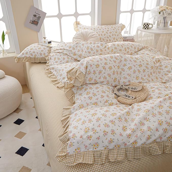 EAVD Cotton Duvet Cover King Size Floral Ruffle Duvet Cover Set Garden Style Yellow Pink Floral Pattern Duvet Cover with Zipper Closure Aesthetic Floral Comforter Cover with 2 Pillowcases