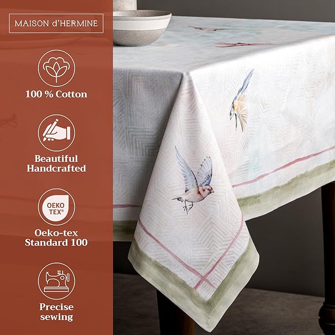 Maison d' Hermine Table Cloth Rectangle Table 100% Cotton 70 x 90 Inches Tablecloth Reusable Decorative for Dining Room, Farmhouse, Home, Party, Festive & Wedding Spring Summer - Flying Birds