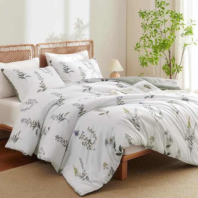 Nayoroom Floral Duvet Cover Full Size White Green Botanical Flower Cottagecore Bedding Set 3 Pieces Soft Lightweight Reversible Aesthetic Duvet Cover with Zipper Closure