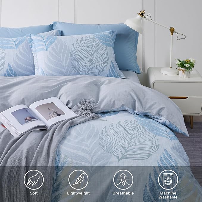 SAPHREAS Ocean Blue Duvet Cover Set King Size 3pcs Monstera Leaf Tropical Leaves Cotton Bedding Comforter Cover Set 1 Duvet Cover 2 Pillow Shams with Zipper