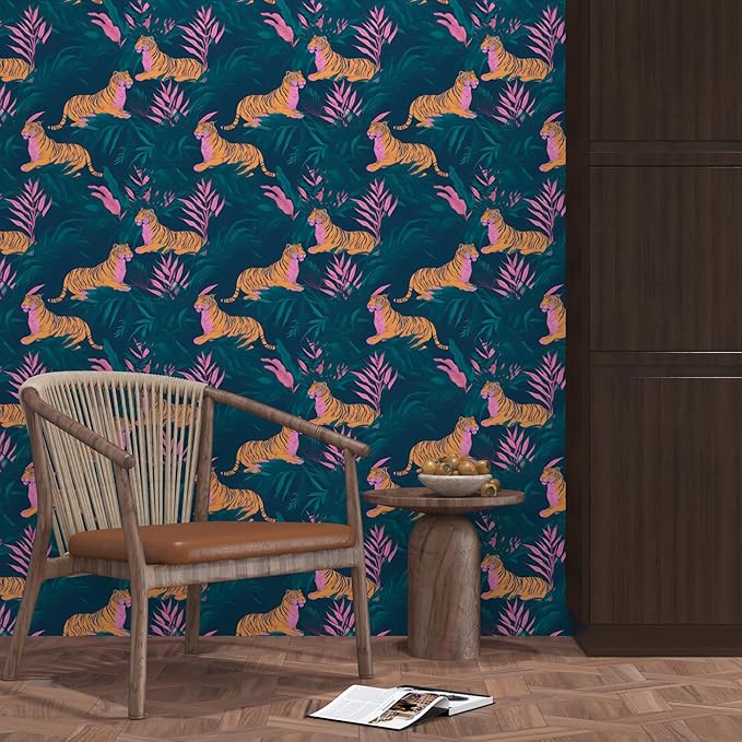 Tropical Contact Paper Tiger Wallpaper Peel and Stick Vintage Animal Wall Paper for Bedroom Bathroom Drawer Counter Cabinet Renter Friendly 17.5 x 78.5In