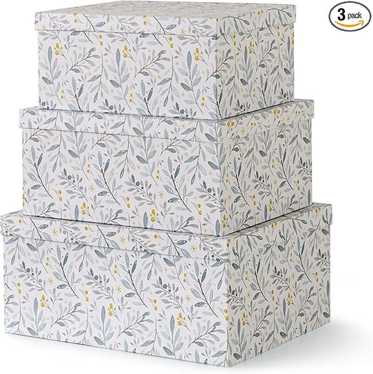 Soul & Lane Decorative Cardboard Storage Boxes with Lids for Home Decor and Organization, Set of 3 Large Keepsake Boxes for Memories & Gifts, Nesting Floral Photo Storage Containers, Winter Blossom