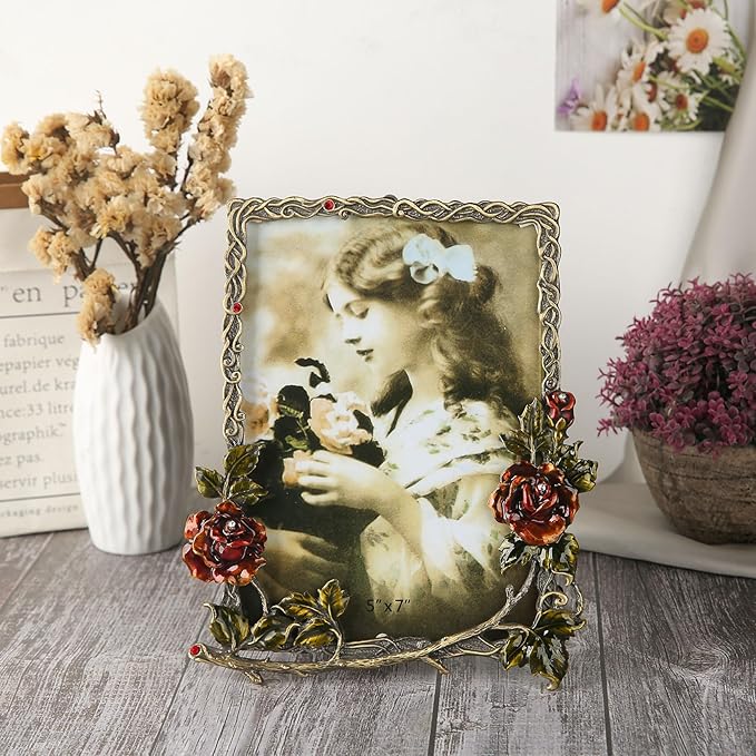 5x7 Picture Frame Vintage Decor Ornate Red Rose Flower Antique Photo Frame with Glass Front Metal Brass Art Table Top Decor for Valentines Wedding Anniversary Birthday Mothers Day Gifts