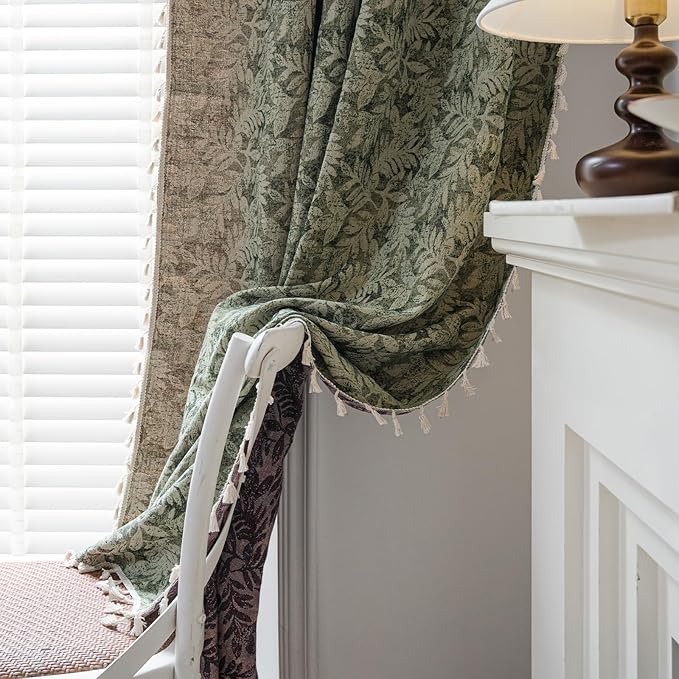 ENJOYBRIDAL Green Leaf 96 Inch Curtains 2 Panel Sets Farmhouse Long Drapes Semi Sheer Rod Pocket Bedroom Rustic Window Curtain Panels Living Room Boho Aesthetic Country Tassel Window Treatments