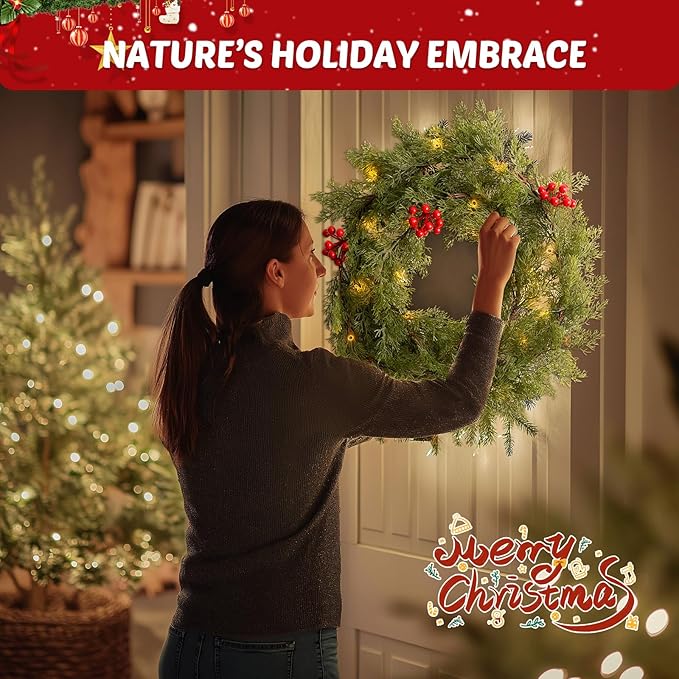 2Pack 6FT Christmas Garland Faux Cypress Pine Cedar Garland with 20 LED Lights, Holiday Garland for Home, Wedding, Party Decorations