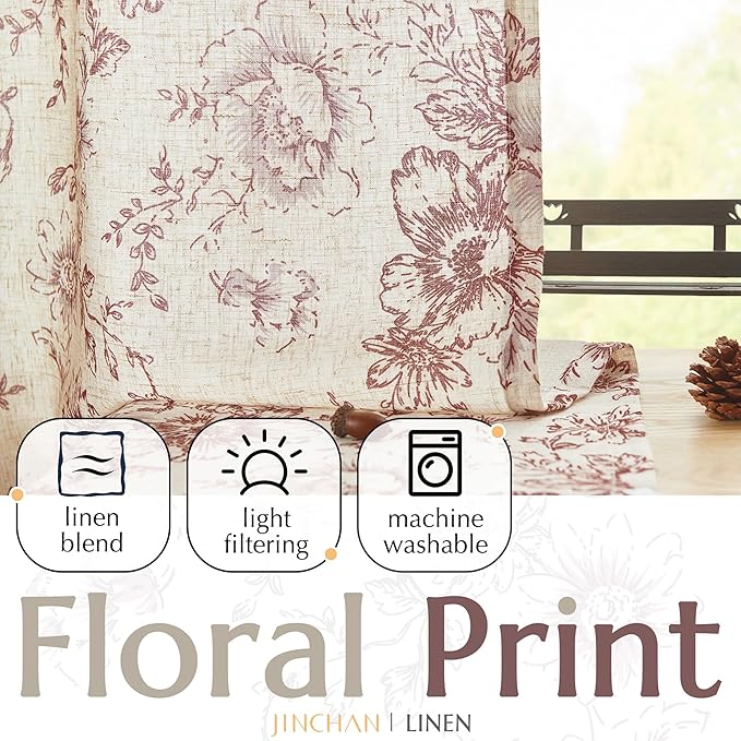 jinchan Linen Blend Curtain Floral Curtains for Living Room 90 Inch Length Christmas Brick Red Printed Curtain Rod Pocket Back Tab Farmhouse Peony Flower Patterned Drapes Curtains Set 2 Panels