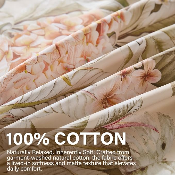 100% Cotton Duvet Cover King Size – Hydrangea Lily Floral Duvet Cover Set with Zipper Closure & Corner Ties, 3-Piece Silky Soft & Breathable Apricot Bedding Set for All Seasons