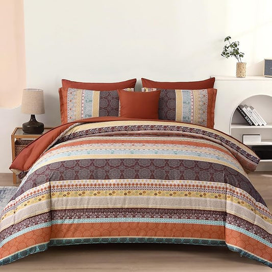Cottolester Boho Comforter Set King Size,8 Pieces Red and Orange Bohemian Striped Bed in a Bag,Paisley Soft Microfiber Bedding Comforter Set