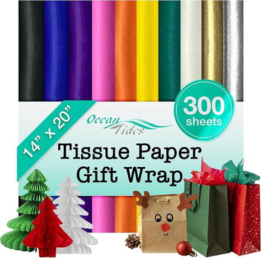 Ocean Tides 300 Sheets (14 x 20 Inches) Christmas Wrapping Paper – Gift Wrapping Tissue Paper Bulk for Crafts, Birthdays, & Holidays – Colored Tissue Papers for Gift Bags & Decorations, Assorted