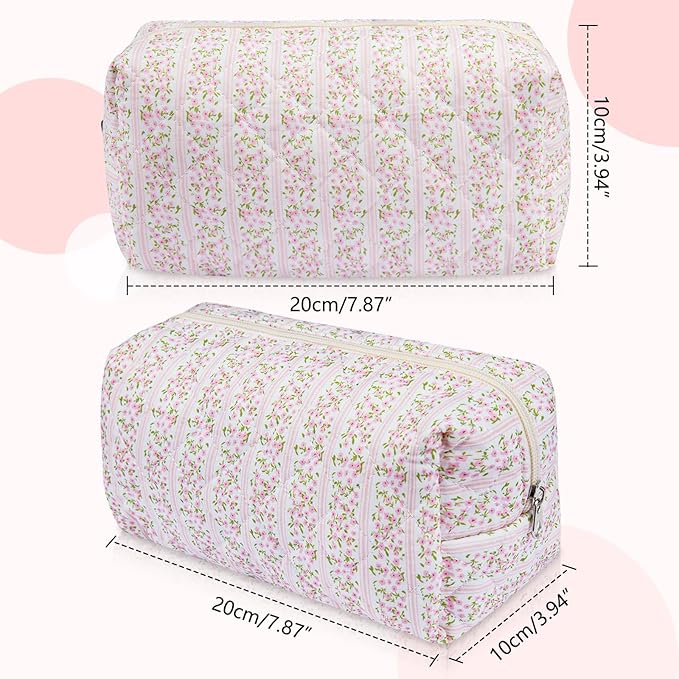 2 Pack Floral Makeup Bag, Cute Cosmetic Bag for Women Girls, Quilted Cotton Make up Pouch, Travel Makeup Bags, Portable Storage Toiletry Organizer Bag(Pink+Blue Floral)
