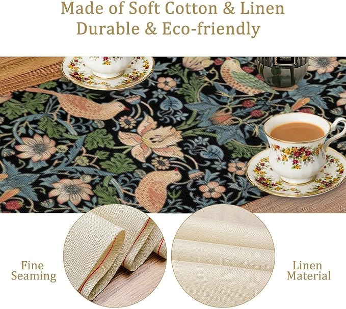 William Morris Floral Table Runner, Strawberry Thief Birds in Green and Blue Table Runner for Home Kitchen Dining Table Decoration,13x70 Inch