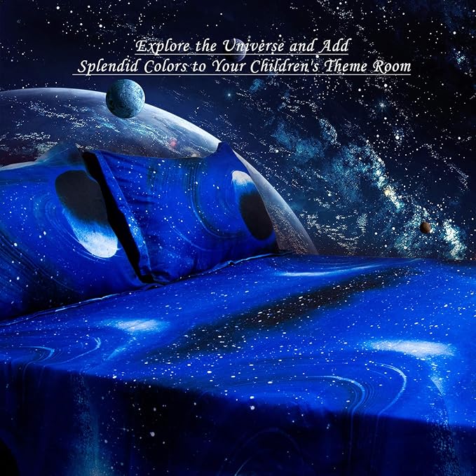 Bedlifes Galaxy Outer Space Sheet Set, Galaxy Themed, 3 pcs Including Flat Sheet, Fitted Sheet, and 1 Pillowcase (Light Blue Queen)