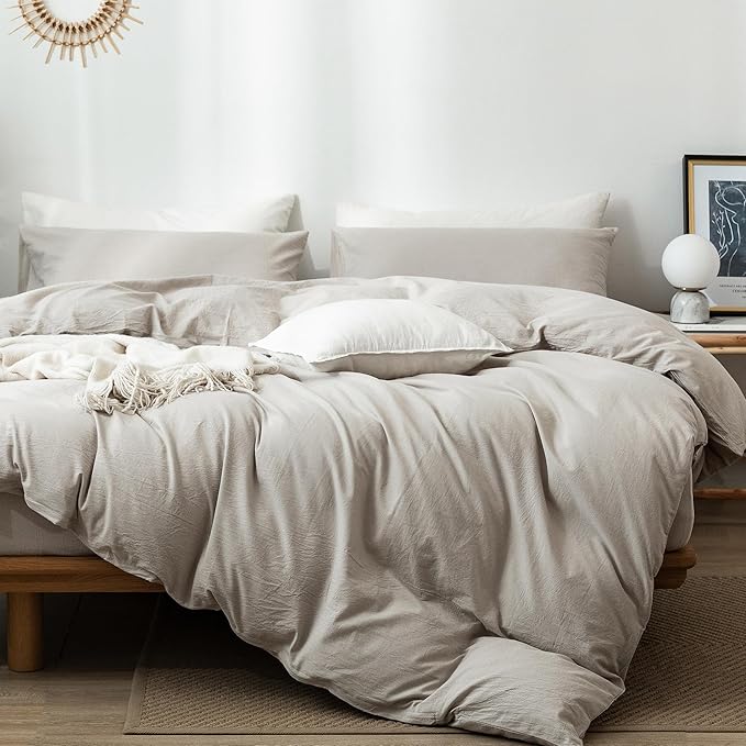 MooMee Bedding Duvet Cover Set 100% Washed Cotton Linen Like Textured Breathable Durable Soft Comfy (Heathered Cream Grey, Oversized Queen 98"x98")
