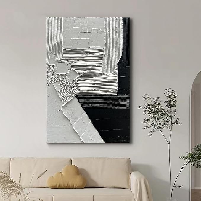 Hand-Painted 45x30 inch White and Black Abstract Wall Decoration Oil Painting Thick Texture Minimalist Art