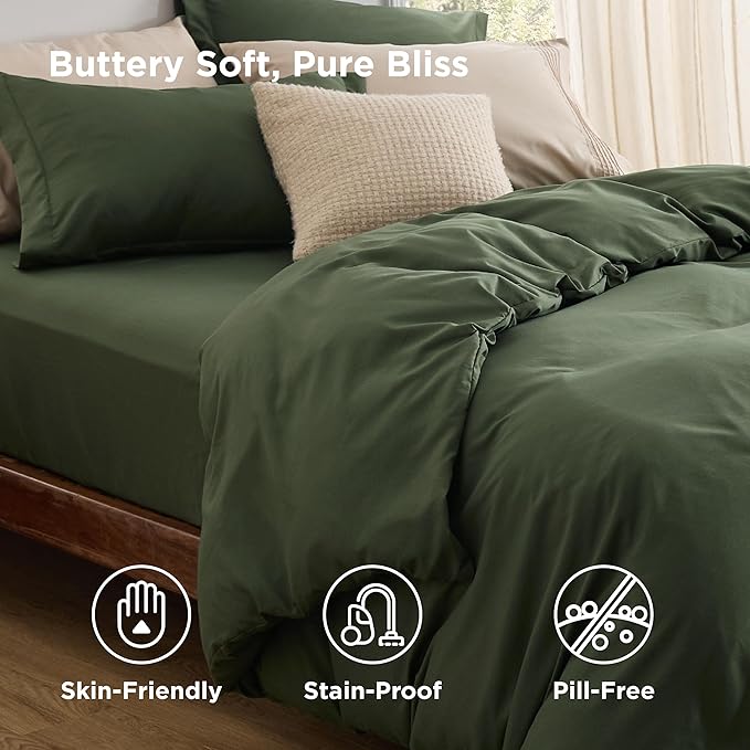 Bedsure Duvet Cover with Fitted Sheet King - Warm Deep Pocket, Hotel Luxury Soft Double Brushed Bedding Set with Zipper Closure, 1 Duvet Cover, 1 Fitted Sheet, 2 Pillow Shams, NO Comforter, Green
