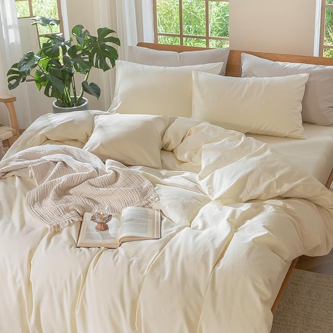 MooMee Bedding Duvet Cover Set 100% Washed Cotton Linen Like Textured Breathable Durable Soft Comfy (Solid Cream White, Queen 90"x90")