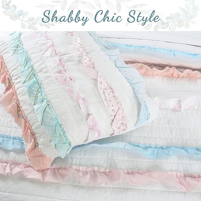 Cozy Line Home Fashions 100% Cotton Chic Ruffle Light Lavender Orchid Blue Flower Print Stripe Bedding Quilt Set, Reversible Coverlet, Bedspread (Chic Ruffle, Twin + Décor Pillows)