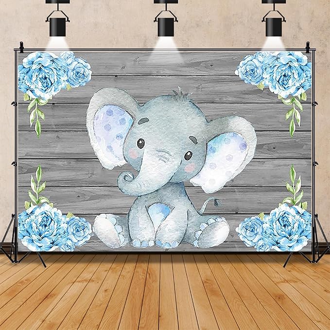 AOFOTO 7x5ft Elephant Backdrop It's a Boy Baby Shower Party Decoration Photography Background Sweet Watercolor Flowers Grey Wood Cartoon Newborn Infant Girl Kids Birthday Banner Photo Studio Props
