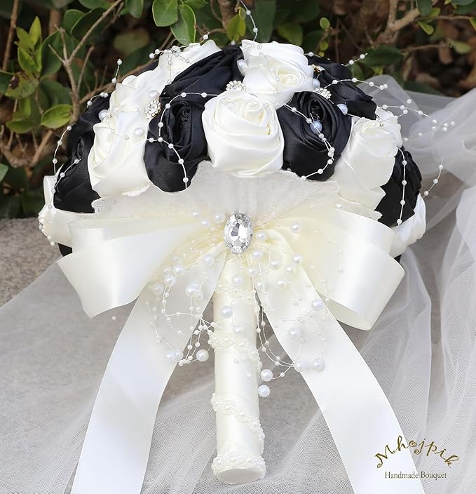 Bridal Wedding Bouquet Round Bling Brooch Bouquet Throw Toss Artificial Rose Flower Bunch for Bride Bridesmaid Wedding Quinceanera(Black & Ivory, 6.3")