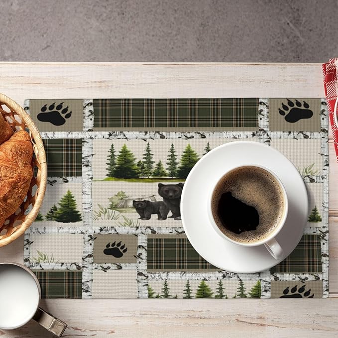 Forest Bear Moose Place Mats Set of 4 Pine Tree Wild Animal Kitchen Dining Table Mat for Indoor Outdoor Decorations 12 X 18 Inch 4 PCS, Style-19