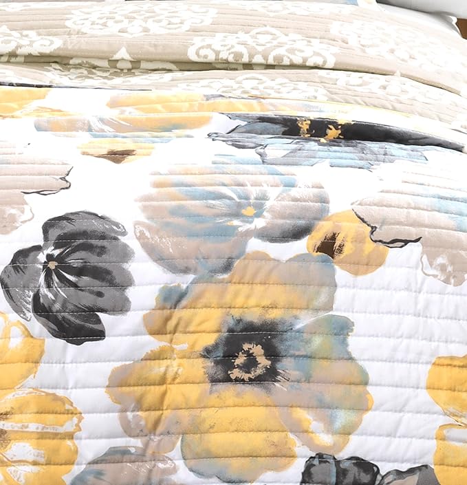 Lush Decor Leah Reversible Floral Quilt Set, 3 Piece Set, King, Yellow & Gray - Watercolor Botanical - Cottage Core - French Country Decor- Bedding Queen Size