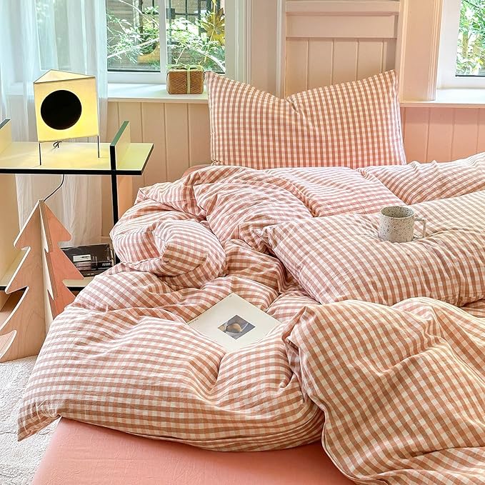 LifeTB Queen Comforter Set Pink Gingham Comforter Modern Style Blush Plaid Comforter Set 3 Pieces Grid Checkered Comforter with 2 Pillowcases Fluffy Soft Boho Gingham Bedding Set Queen Size