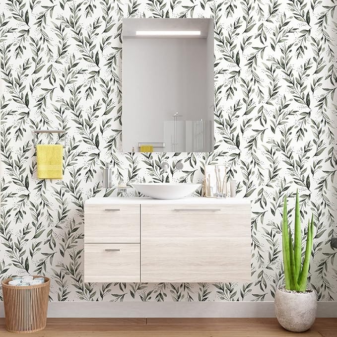 Erfoni Leaf Peel and Stick Wallpaper Dark Green Contact Paper 17.7inch x 590.5inch Greenery Eucalyptus Wallpaper Peel and Stick Leaves Plant Self Adhesive Wall Paper for Bathroom Livingroom Decor
