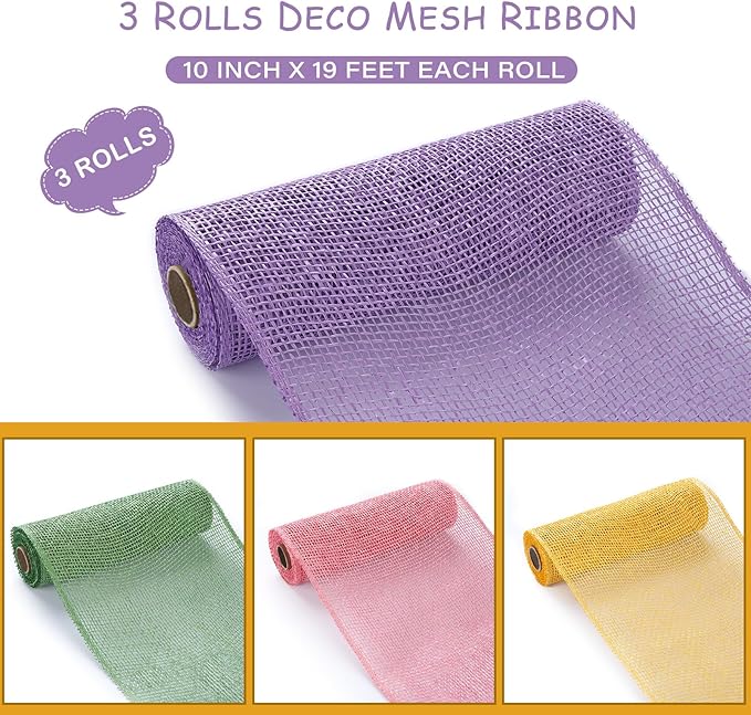 Chuangdi 4 Rolls Easter Poly Burlap Mesh Poly Burlap Deco Ribbon Mesh Roll for Spring Summer DIY Flower Wreath Garland, 10 Inch